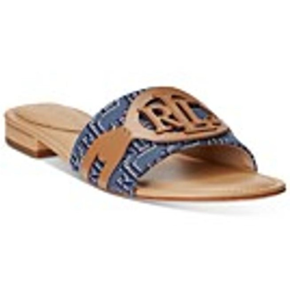 Brand new with box. Ralph Lauren Tan and Blue Slide Sandals